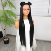 Ekstra Uzun Siyah Fiber Sentetik Düz Tül Peruk thumbnail 3