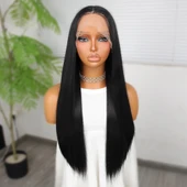 Siyah Fiber Sentetik Düz Tül Peruk thumbnail 2