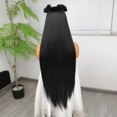 Ekstra Uzun Siyah Fiber Sentetik Düz Tül Peruk thumbnail 6
