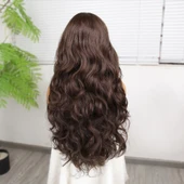 Gür Yoğun Su Dalgalı Koyu Kumral Fiber Sentetik Uzun Tül Peruk thumbnail 5