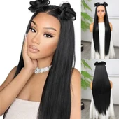 Ekstra Uzun Siyah Fiber Sentetik Düz Tül Peruk thumbnail 1