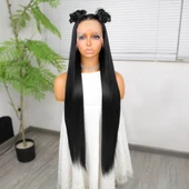 Ekstra Uzun Siyah Fiber Sentetik Düz Tül Peruk thumbnail 2