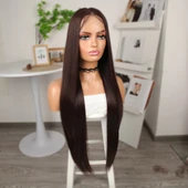 Kahverengi Ekstra Uzun Fiber Sentetik Düz Tül Peruk thumbnail 3