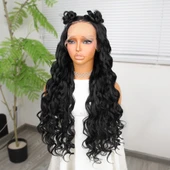 Siyah Fiber Sentetik Yoğun Dalgalı Tül Peruk thumbnail 4