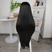 Siyah Ekstra Uzun Fiber Sentetik Düz Tül Peruk thumbnail 5