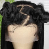 Ekstra Uzun Siyah Fiber Sentetik Düz Tül Peruk thumbnail 5