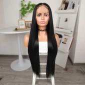 Siyah Ekstra Uzun Fiber Sentetik Düz Tül Peruk thumbnail 2