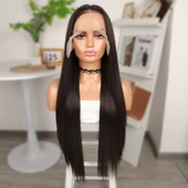 Koyu Kestane Ekstra Uzun Fiber Sentetik Düz Tül Peruk thumbnail 2