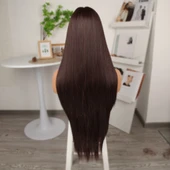 Kahverengi Ekstra Uzun Fiber Sentetik Düz Tül Peruk thumbnail 5