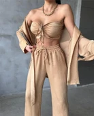 SATEN KİMONO - CROP BLUZ - PANTOLON TAKIM - Bej - 2