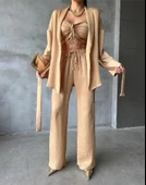 SATEN KİMONO - CROP BLUZ - PANTOLON TAKIM - Bej - 3
