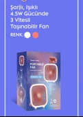 Şarjlı ışıklı 4.5 W gücünde 3 vitesli taşınabilir fan - 1