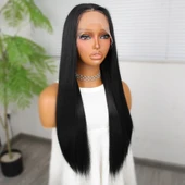 Siyah Fiber Sentetik Düz Tül Peruk thumbnail 3