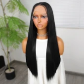 Siyah Fiber Sentetik Düz Tül Peruk thumbnail 4