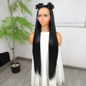 Ekstra Uzun Siyah Fiber Sentetik Düz Tül Peruk - 4