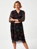 Faik Sönmez Midi Boy Çiçekli Şifon Elbise - V Yaka - 3/4 Kol - Dantel Detay thumbnail 7