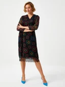 Faik Sönmez Midi Boy Çiçekli Şifon Elbise - V Yaka - 3/4 Kol - Dantel Detay thumbnail 1