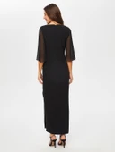 Faik Sönmez Şifon Detaylı Maxi Elbise - 3/4 Kol, Yuvarlak Yaka - Özel Gün - 8