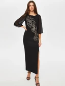 Faik Sönmez Şifon Detaylı Maxi Elbise - 3/4 Kol, Yuvarlak Yaka - Özel Gün - 2