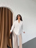 Saten Gri Simli Oversıze Uzun Kollu Düğmeli Gömlek - 2