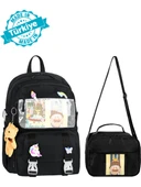 Waddell Kawaii Kore Tarzı Aksesuarlı İlkokul Sırt ve Beslenme Çantası Siyah 25001 thumbnail 2