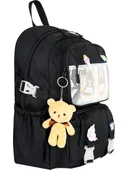 Waddell Kawaii Kore Tarzı Aksesuarlı İlkokul Sırt ve Beslenme Çantası Siyah 25001 thumbnail 3