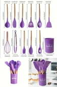 Tilbe Home 12Parça Silikon Kepçe Kevgir Spatula Kaşık Fırça Çırpıcı Servis Maşa Seti Bambu Mor Mutfak Takımı thumbnail 2