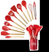 Tilbe Home 12'li Silikon Kevgir Kepçe Kaşık Fırça Spatula Çırpıcı Maşa Servis Seti Bambu Kırmızı Mutfak Takımı thumbnail 6