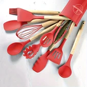 Tilbe Home 12'li Silikon Kevgir Kepçe Kaşık Fırça Spatula Çırpıcı Maşa Servis Seti Bambu Kırmızı Mutfak Takımı thumbnail 5