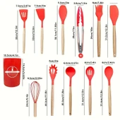 Tilbe Home 12'li Silikon Kevgir Kepçe Kaşık Fırça Spatula Çırpıcı Maşa Servis Seti Bambu Kırmızı Mutfak Takımı thumbnail 4