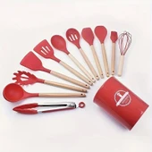 Tilbe Home 12'li Silikon Kevgir Kepçe Kaşık Fırça Spatula Çırpıcı Maşa Servis Seti Bambu Kırmızı Mutfak Takımı thumbnail 2