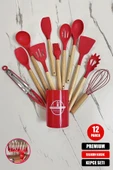 Tilbe Home 12'li Silikon Kevgir Kepçe Kaşık Fırça Spatula Çırpıcı Maşa Servis Seti Bambu Kırmızı Mutfak Takımı thumbnail 1
