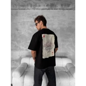 Ön Ve Arka Baskılı Oversize Bisiklet Yaka T-shirt - Siyah - 1