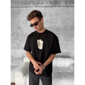 Ön Ve Arka Baskılı Oversize Bisiklet Yaka T-shirt - Siyah - 3
