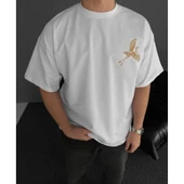 Ön Ve Arka Baskılı Oversize Bisiklet Yaka T-shirt - Beyaz - 1