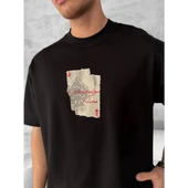 Ön Ve Arka Baskılı Oversize Bisiklet Yaka T-shirt - Siyah - 2