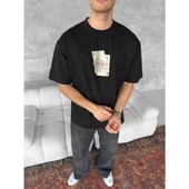 Ön Ve Arka Baskılı Oversize Bisiklet Yaka T-shirt - Siyah - 4