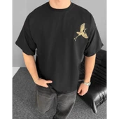 Ön Ve Arka Baskılı Oversize Bisiklet Yaka T-shirt - Siyah - 1