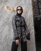 Buse Kadın Kahverengi Leopar İspanyol Paça Desenli Saten İkili Takım BUSE-5109 - 2
