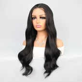 Siyah Uzun Hafif Dalgalı Fiber Sentetik Tül Peruk thumbnail 3