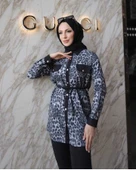 Buse Kadın Gri Leopar İspanyol Paça Desenli Saten İkili Takım BUSE-5109 - 3