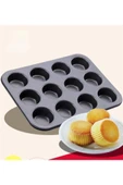 12 Gözlü Muffin Cupcake Kalıbı Yanmaz Yapışmaz Kek Pasta Kurabiye Brownie Fırın Tepsisi - 2