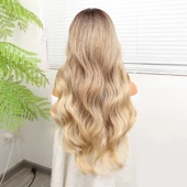 Kumral Dore Sarı Ombre  ve Röfleli Fiber Sentetik Geniş Dalgalı Tül Peruk - 5