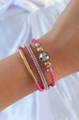 Pembe Renk Zirkon Taşlı Deri Çoklu Bileklik - TJ-BB6352 - 1
