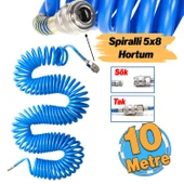 Spiralli 5x8 Polietilen Hava Hortumu 10 Metre Nipel Jaklı Esnek Kırılmaz Sök Tak Soketli Manşon - 1