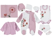 YENİDOĞAN KIZ BEBEK 10 PARÇA LU ORGANİK PAMUK  KALPLİ ÇİÇEKLİ LÜX SET - 2