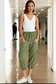 Beli Lastikli Düğme Detaylı Keten pantolon thumbnail 1