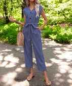 Yazlık V Yaka Düğmeli Keten Lacivert Tulum thumbnail 1