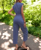 Yazlık V Yaka Düğmeli Keten Lacivert Tulum thumbnail 2