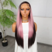 Koyu Kestane Pembe Ombreli Fiber Sentetik Tül Peruk thumbnail 2